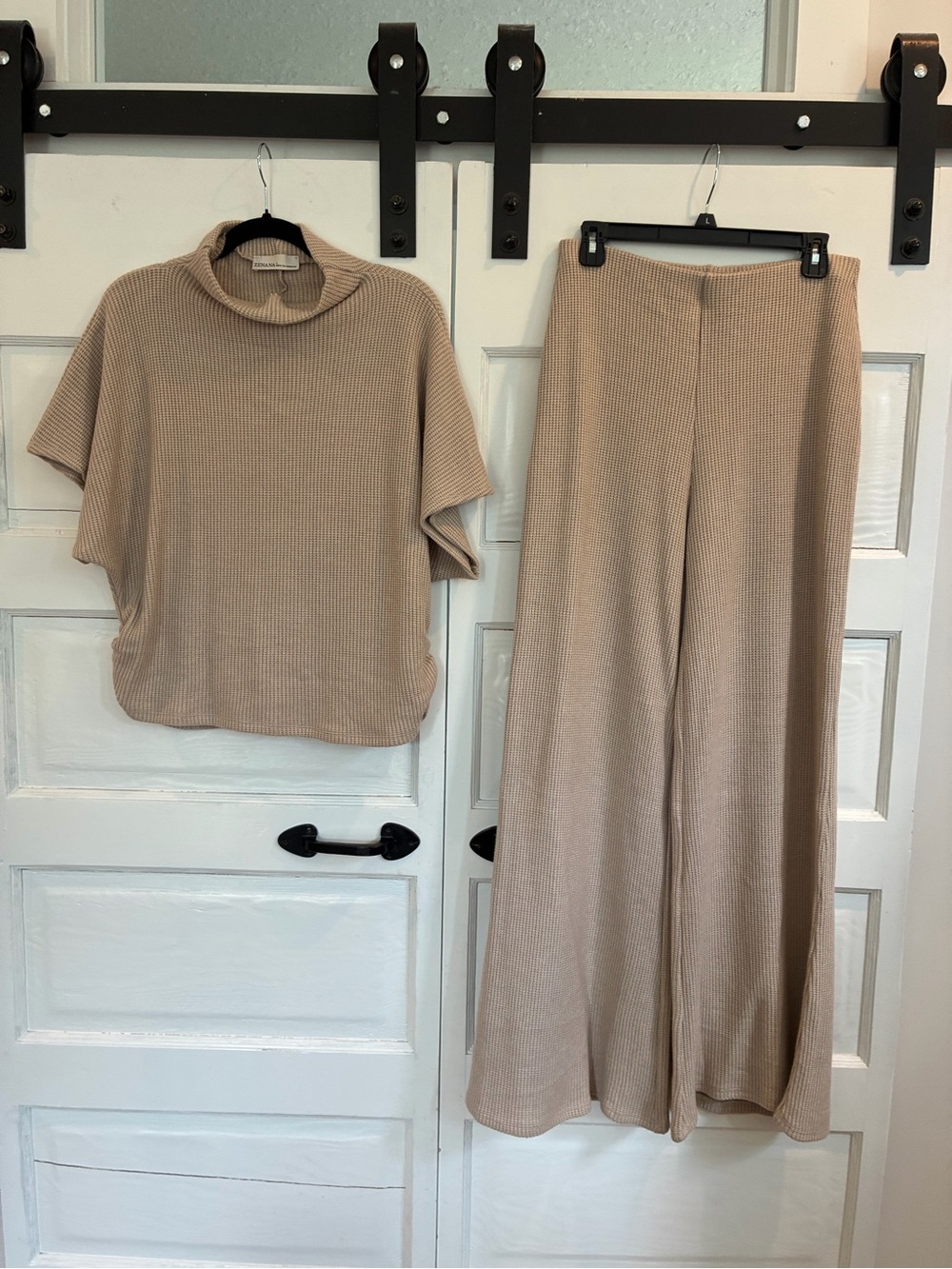 Zenana Outfitters Wide Leg Ribbed Pants in Beige